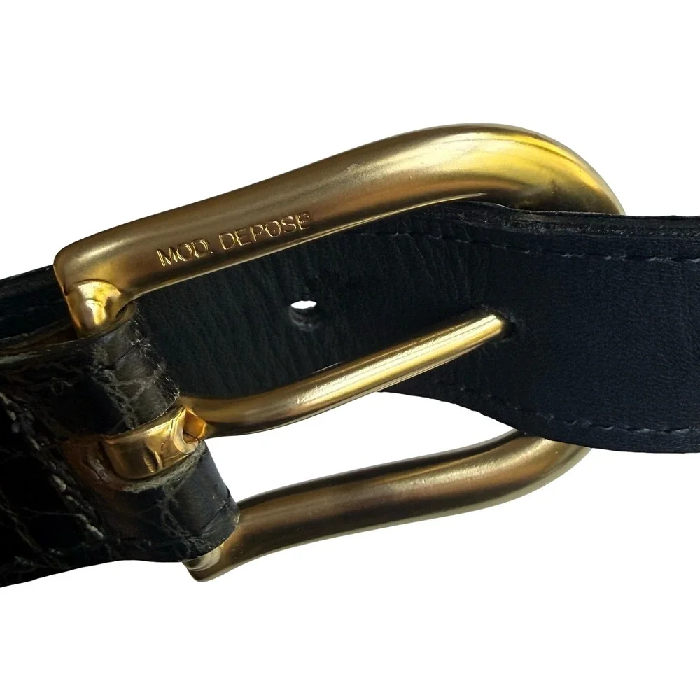 Vintage Black Croc Embossed Leather Grommet Belt Gold Tone Made in Spain XS/S